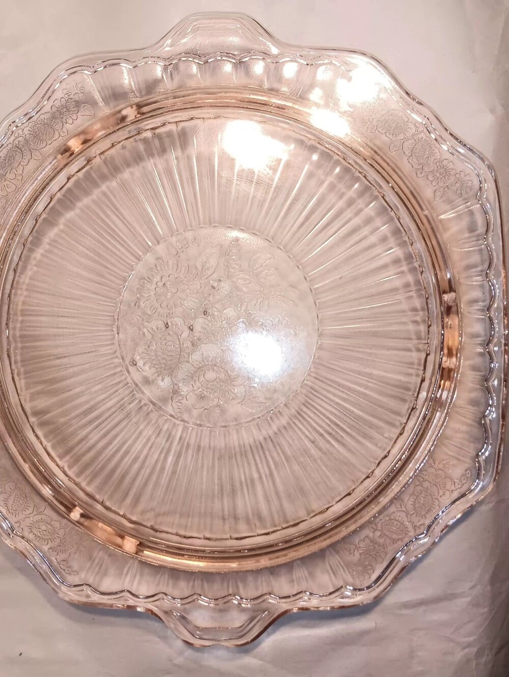 Vintage Anchor Hocking Pink Depression Glass Cake Stand Footed "Mayfair" Roses